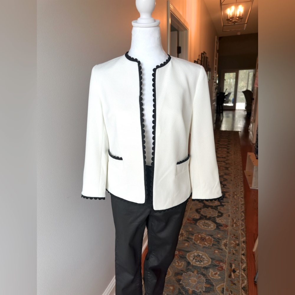 White Waffle Jacket w/  Black Scallop Trim 3/4 Sleeve Easter Outfit sz 4
